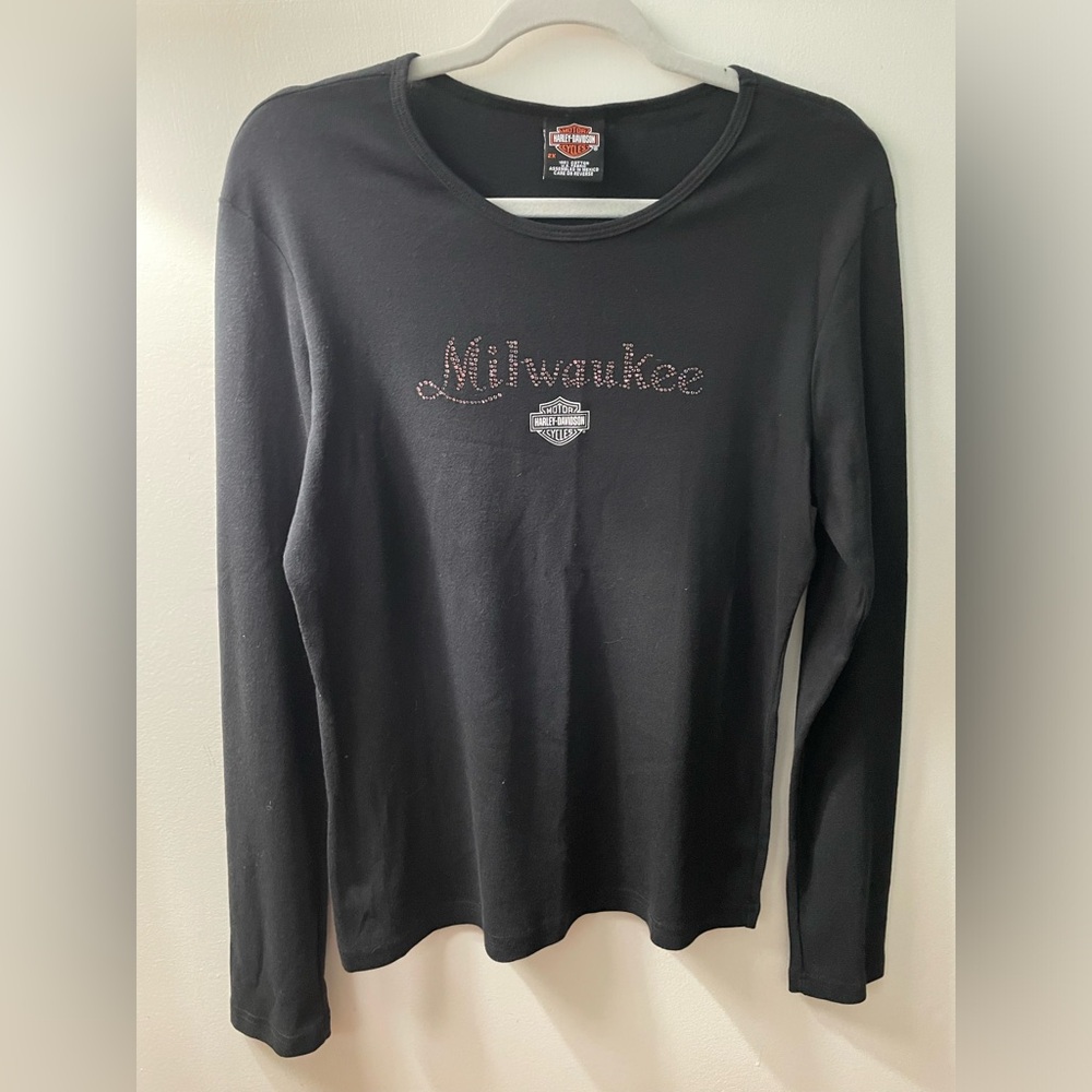 Harley Davidson long sleeved tee 100% cotton Milwaukee pink rhinestones Size 2x‎